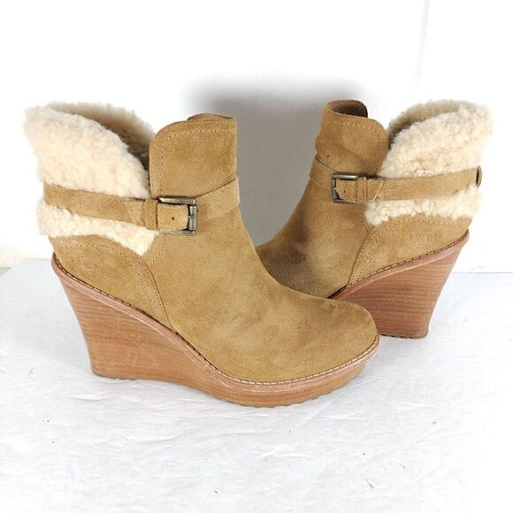 UGG Women's Anais US9 Chestnut Suede Sheepskin Wedge Shearling Boots Booties - Picture 6 of 14